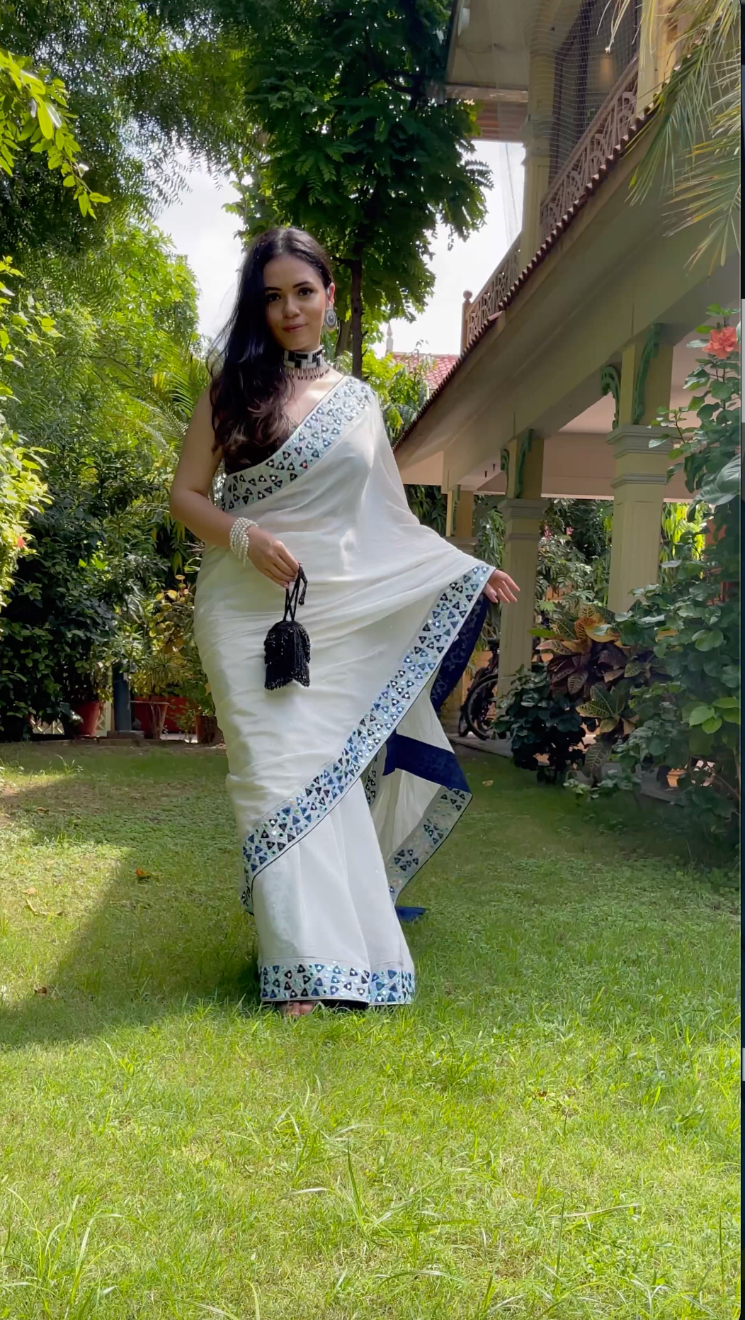 White Mirror Work Saree