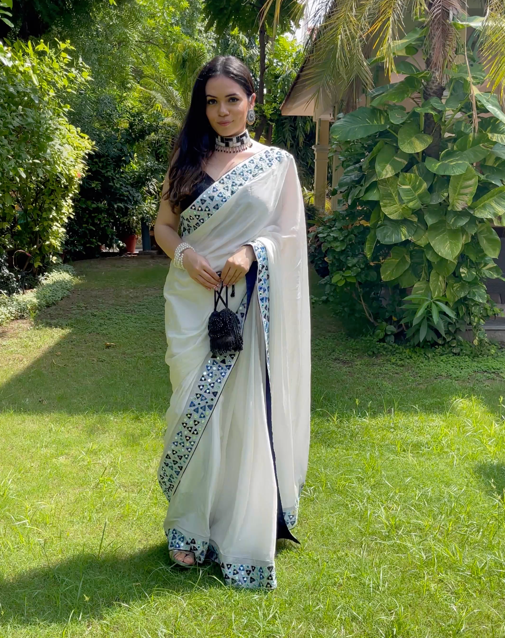 White Mirror Work Saree