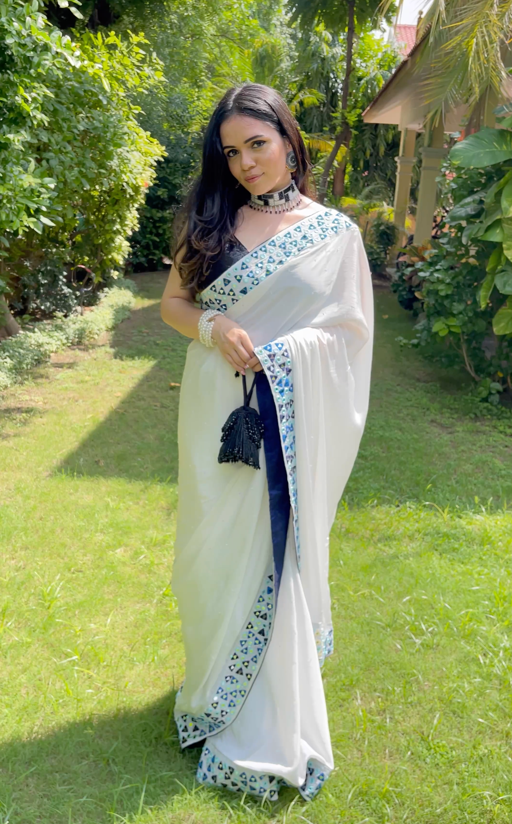 White Mirror Work Saree