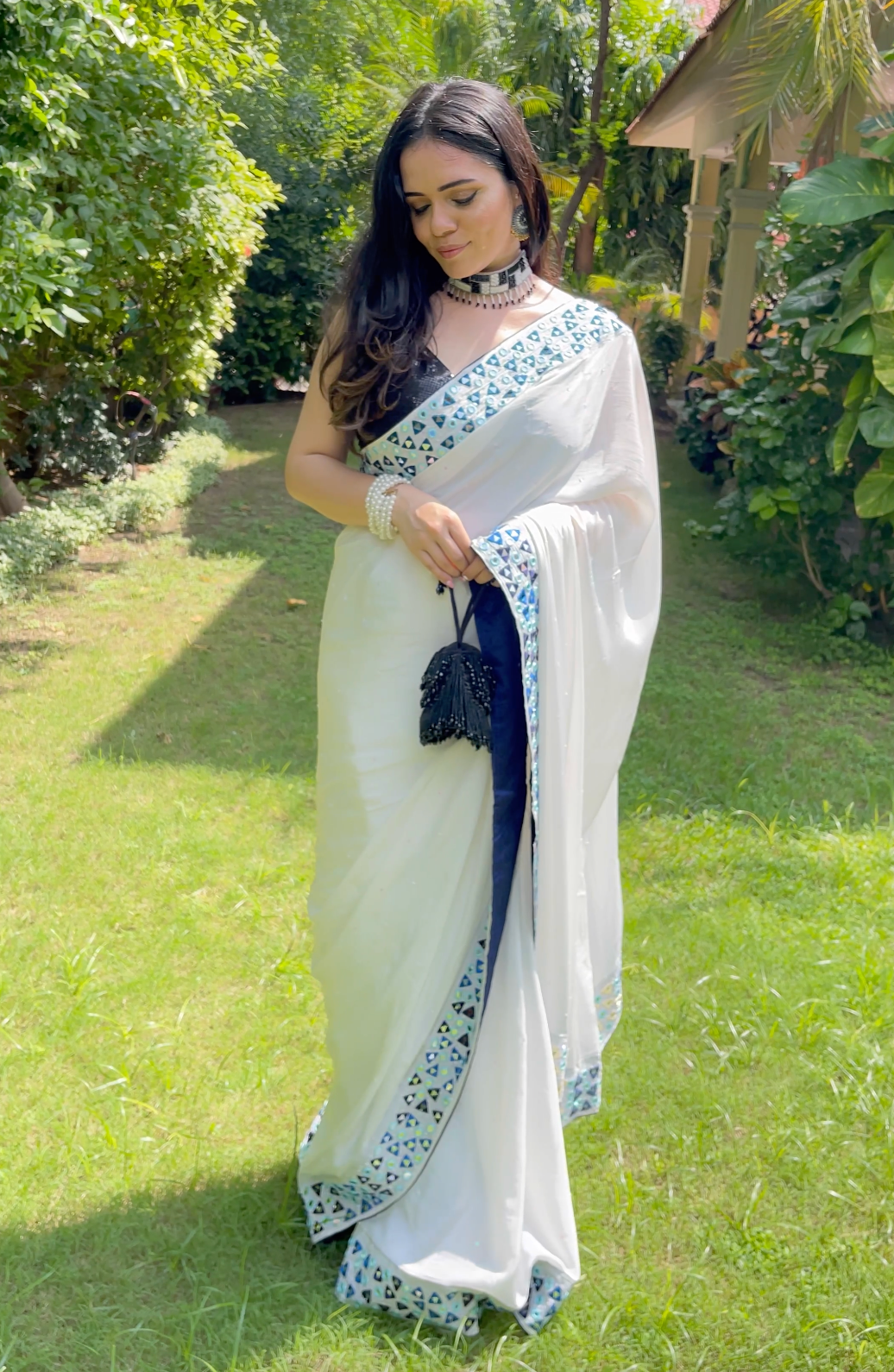 White Mirror Work Saree